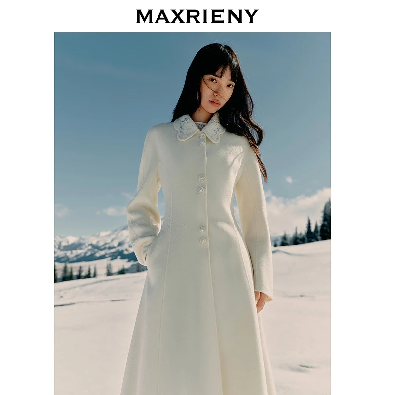 MAXRIENY极简赫本风羊毛大衣女秋新款法式复古中长款伞摆外套