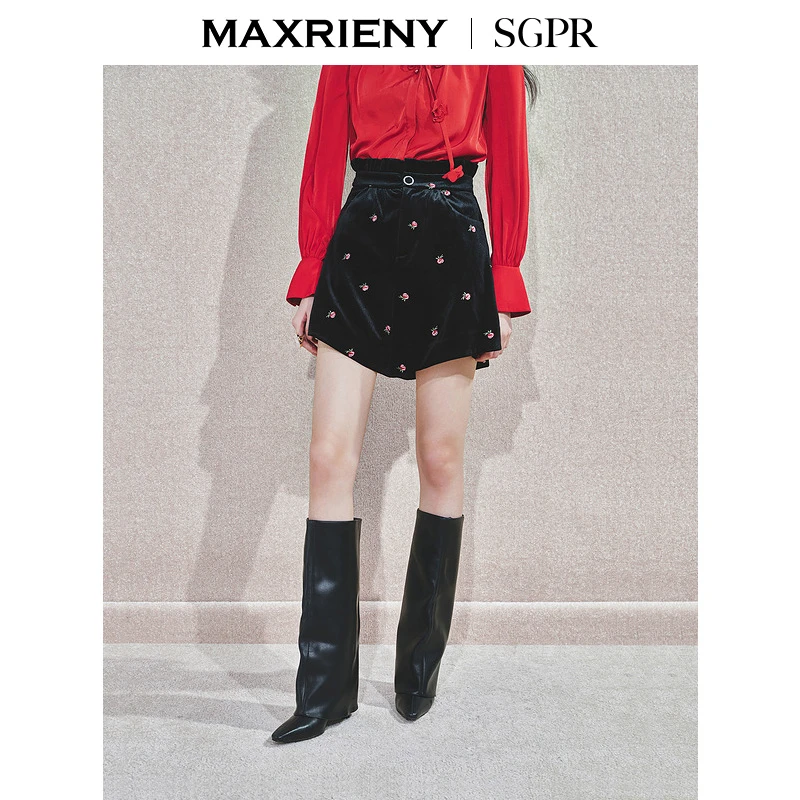 【商场同款新品】MAXRIENY复古收腰A字短裤荷叶边花朵刺绣裙裤女24