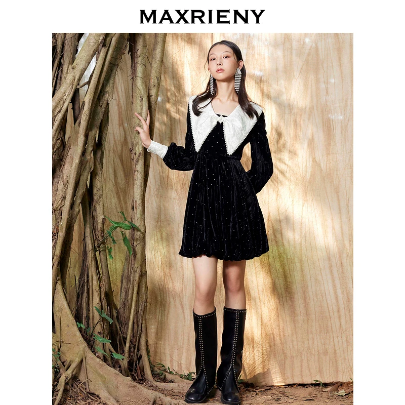 MAXRIENY复古甜美丝绒烫钻连衣裙提花钉珠蝴蝶结领泡泡裙娃娃裙