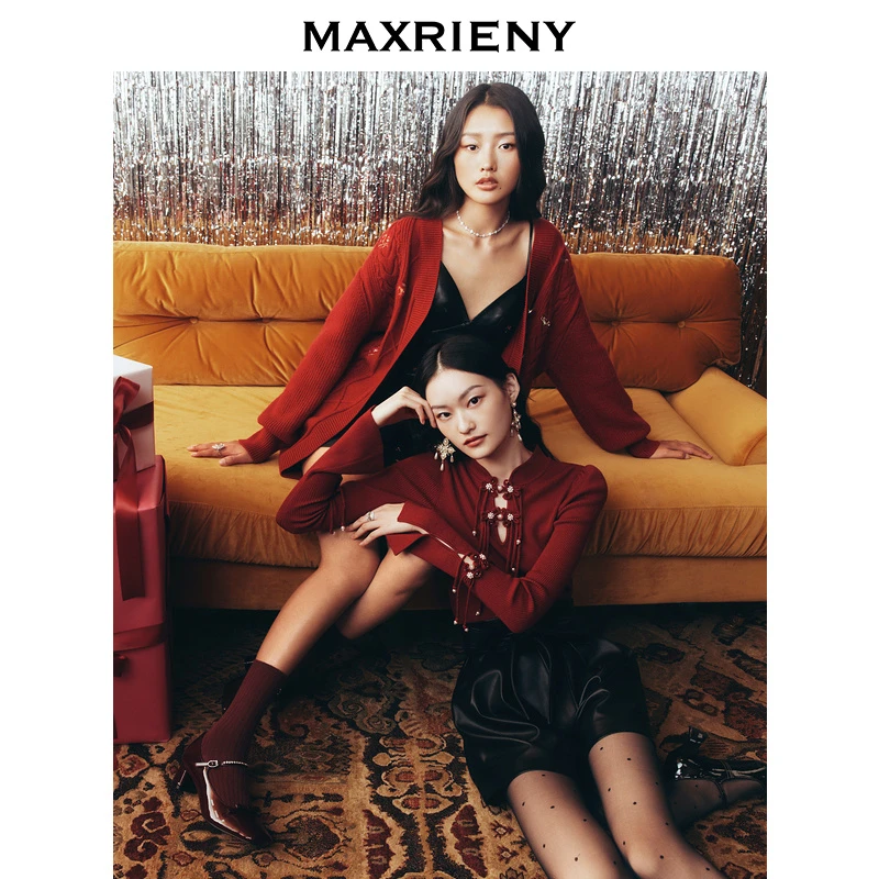 MAXRIENY浪漫复古感花朵刺绣针织开衫23冬季新款女