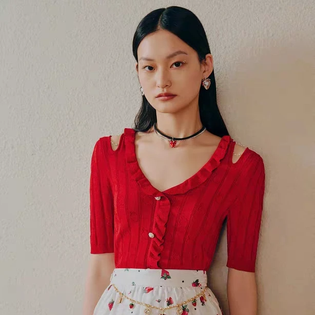 【商场同款】MAXRIENY夏日柔美氛围木耳边镂空小红莓针织开衫上衣