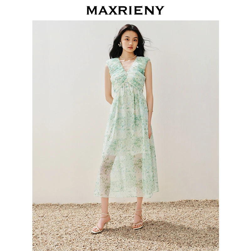 MAXRIENY浪漫度假风印花连衣裙2024夏季新款仙美悠闲感v领茶歇裙