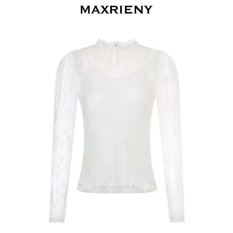 MAXRIENY复古镂空蕾丝拼接网纱蕾丝衫设计感小众黑色打底女士