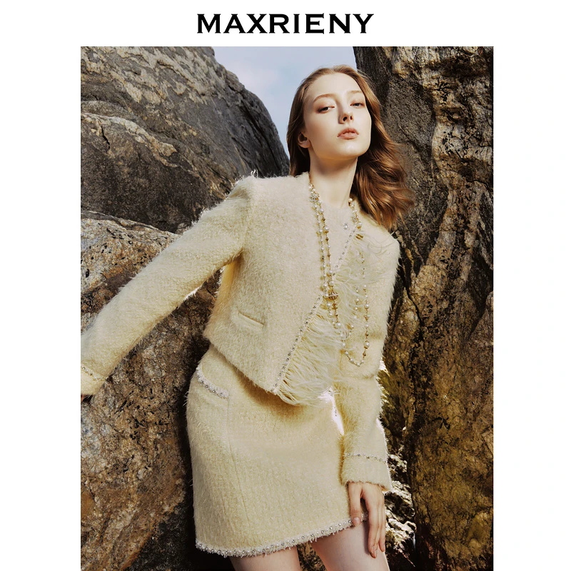 【媛媛女王】MAXRIENY洛神小香毛绒斜门襟宽肩花纱外套小香风