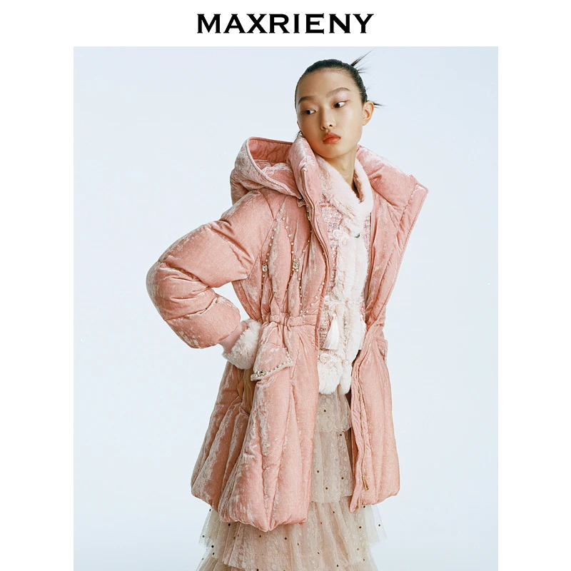 MAXRIENY桃粉复古羽绒服丝绒冬新款外套加厚防风收腰保暖