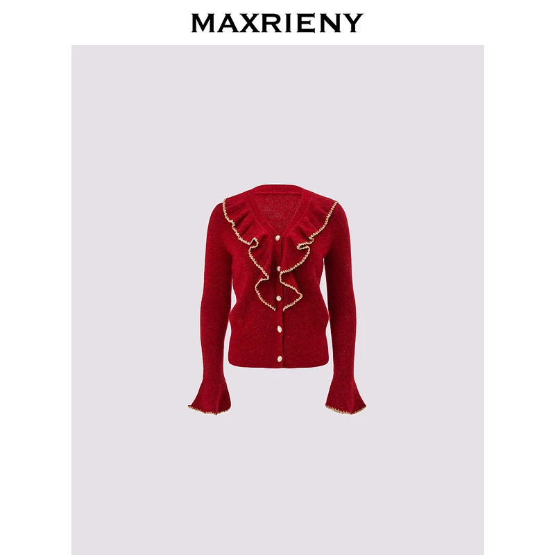 MAXRIENY浪漫复古感花边针织毛衫红金撞色毛衫安哥拉红显瘦小香风