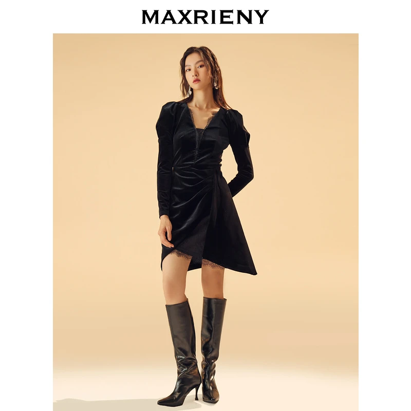MAXRIENY复古黑色丝绒礼服短裙子女冬款V领泡泡袖连衣裙气质高级