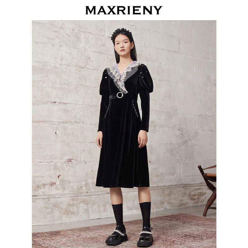麦斯芮妮MAXRIENY丝绒茶歇裙甜美公主冬季蕾丝连衣裙高腰洋气长裙