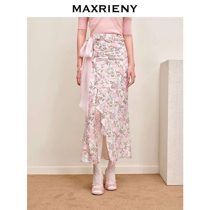 MAXRIENY温柔仙美度假风碎花半裙复古开叉包臀裙