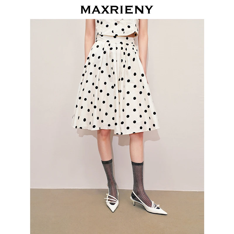 MAXRIENY赫本风芭蕾波点半身裙2024夏季新款廓形伞摆裙子黑白撞色