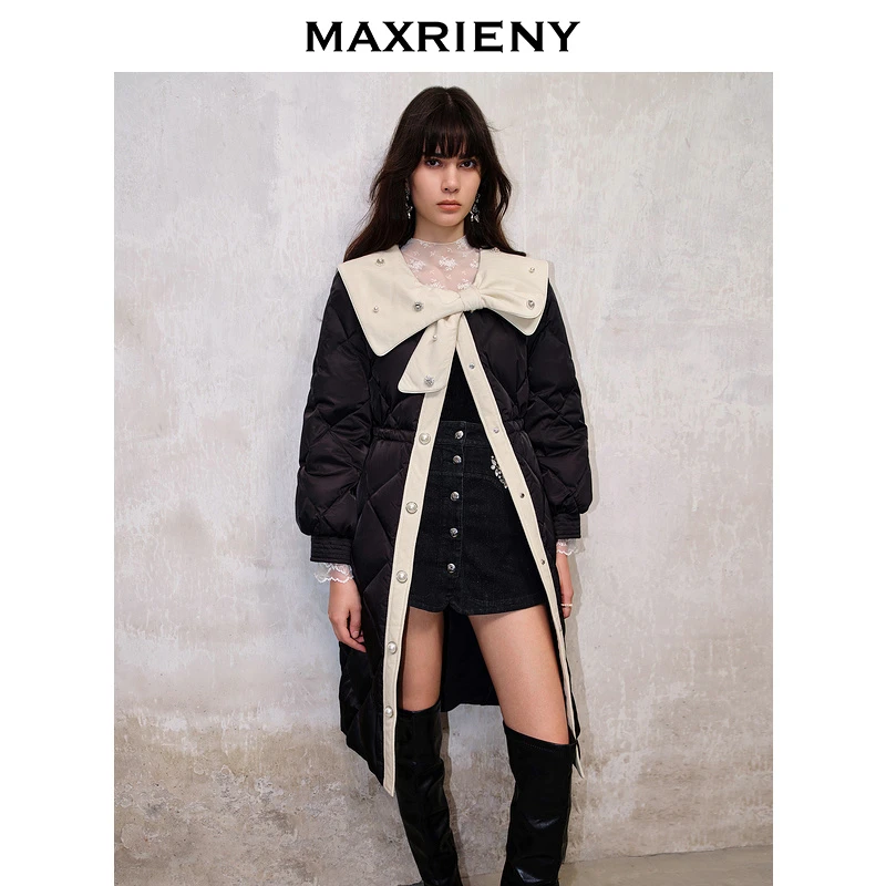 MAXRIENY名媛千金小香风羽绒服长款秋冬新款蝴蝶结拼接小香风外套