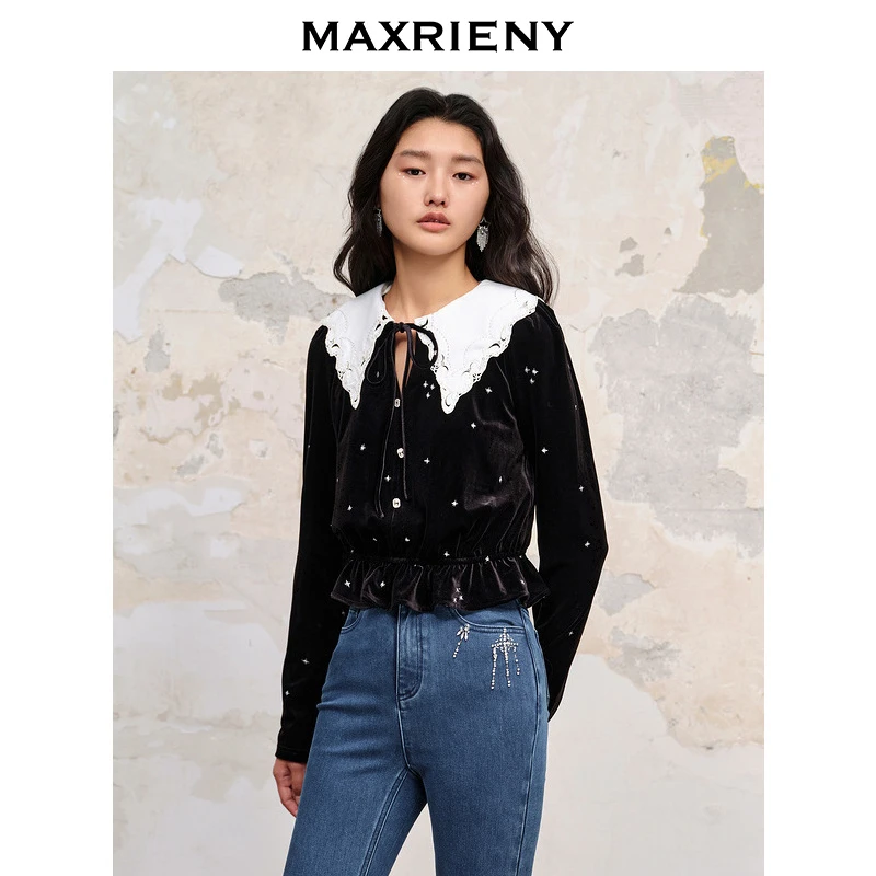 【诗语专属】MAXRIENY轻奢摩登烫钻丝绒雪纺衫修身上衣