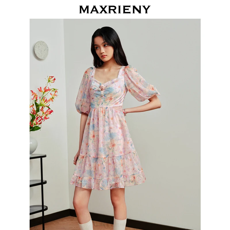 MAXRIENY日落橙花薄荷曼波复古仙美泡泡连衣裙方领连衣裙碎花气质