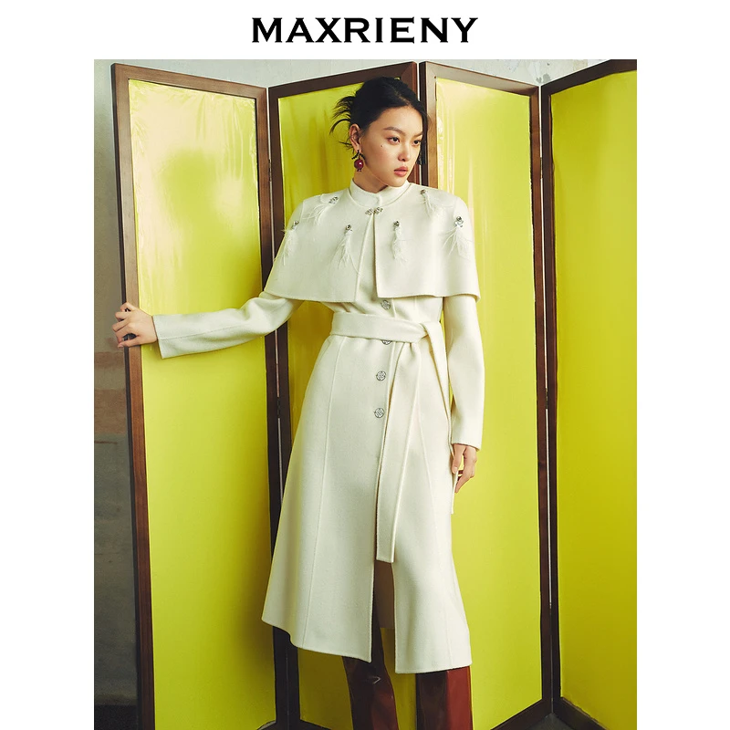 MAXRIENY贵雅新中式毛呢大衣2024秋冬新款收腰系带羊毛外套中长款