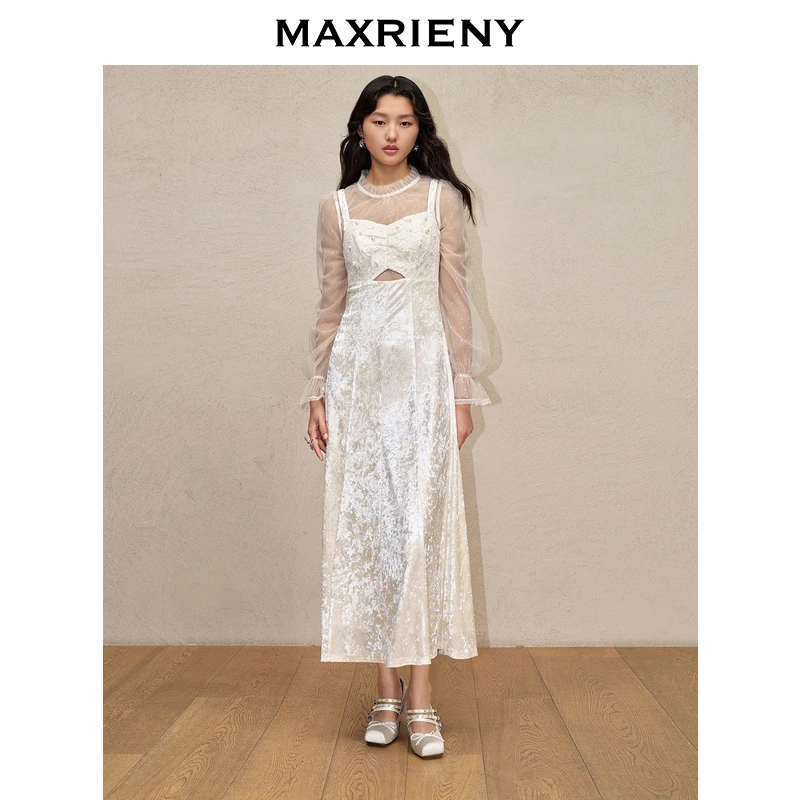 【诗语专属】MAXRIENY精致感吊带蕾丝网纱拼接钻石绒连身裙