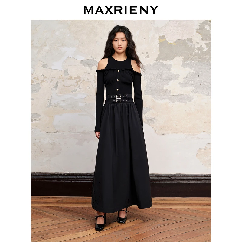 【媛媛女王】MAXRIENY高腰收腰露肩连衣裙秋裙女装气质轻奢黑色
