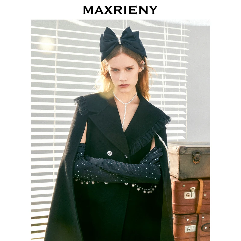 MAXRIENY公主斗篷上衣秋季新款女士复古赫本风设计师黑色毛呢外套