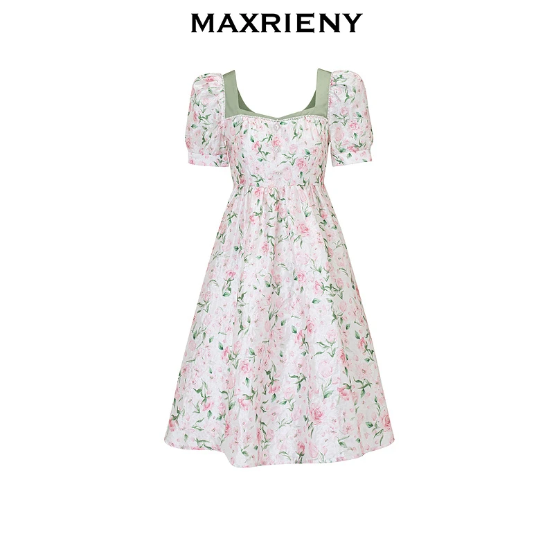 MAXRIENY2024方领连衣裙女装收腰修身碎花气质时尚复古法式连衣裙