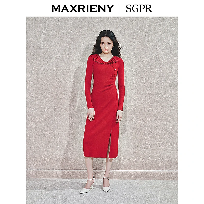 【商场同款新品-新年红系列】MAXRIENY优雅复古感连衣裙收腰小香风