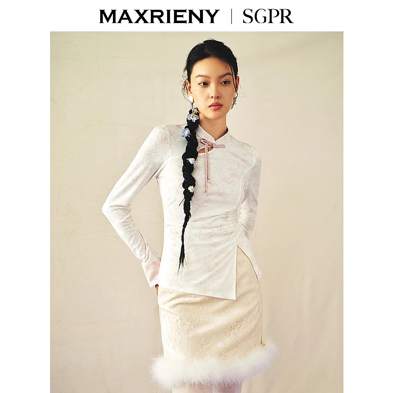 【商场同款新品】MAXRIENY雅贵新中式上衣女修身显瘦开叉抽褶盘扣设