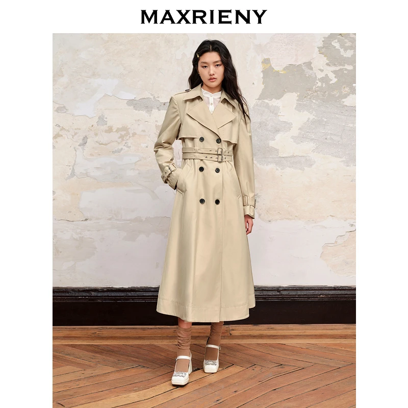 M-MAXRIENY卡其双腰头高腰A摆风衣长裤美拉德穿搭