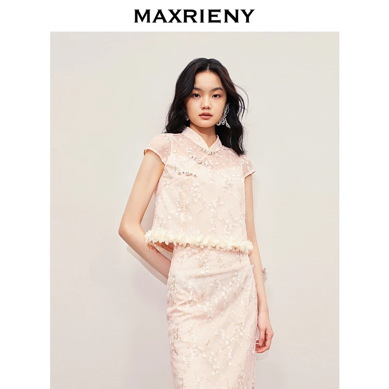 MAXRIENY浪漫新中式上衣夏季新款蕾丝绣花短袖小衫修身