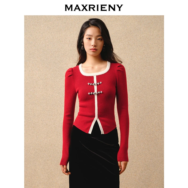 】MAXRIENY国风新中式套头针织盘扣修身上衣