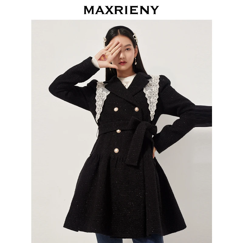 MAXRIENY小香风外套女冬季复古西装领大衣中长款洋气双排扣风衣