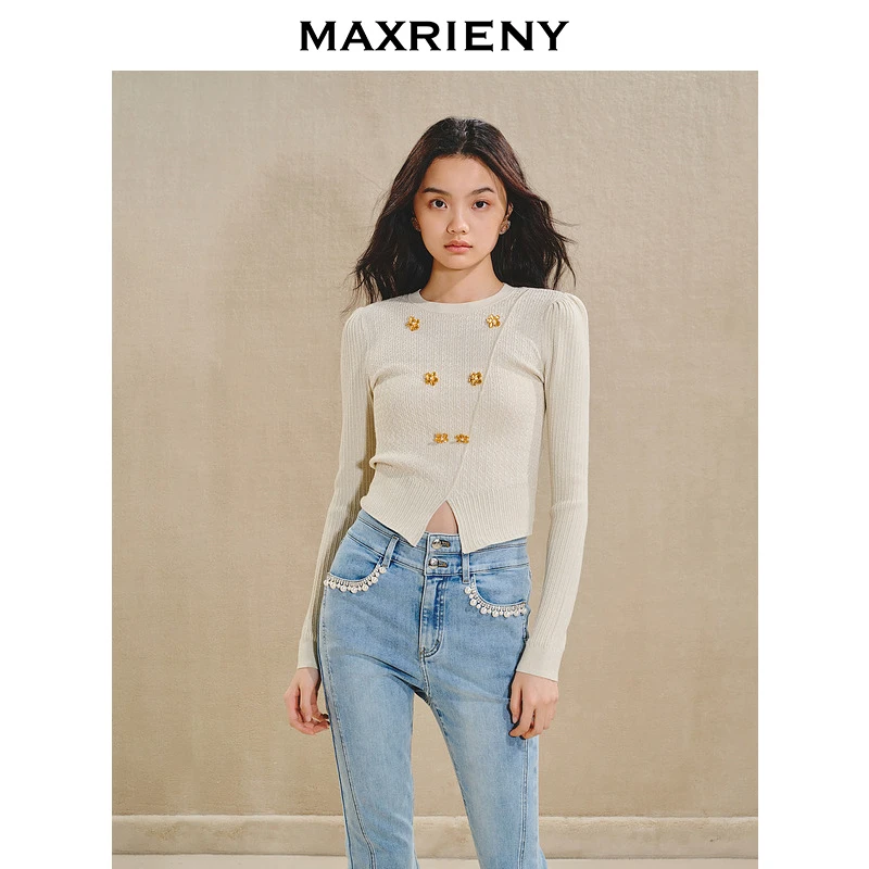 【商场同款】MAXRIENY精致复古套头针织毛衫金花纽扣斜襟修身上衣