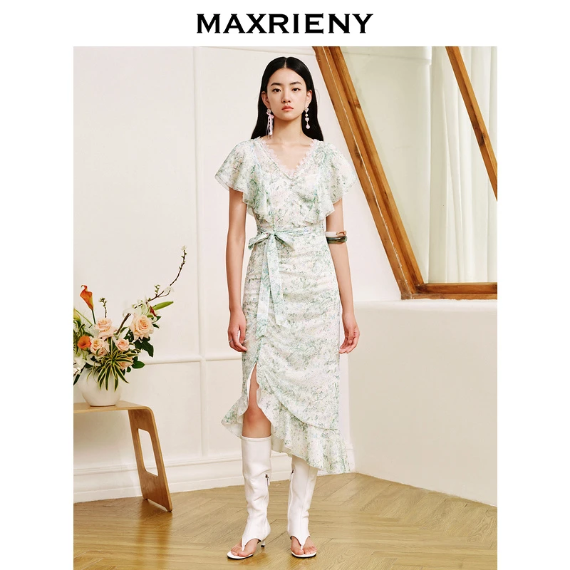 MAXRIENY欧式田园茶歇裙复古园艺风碎花不对称连衣裙雪纺印花裙子