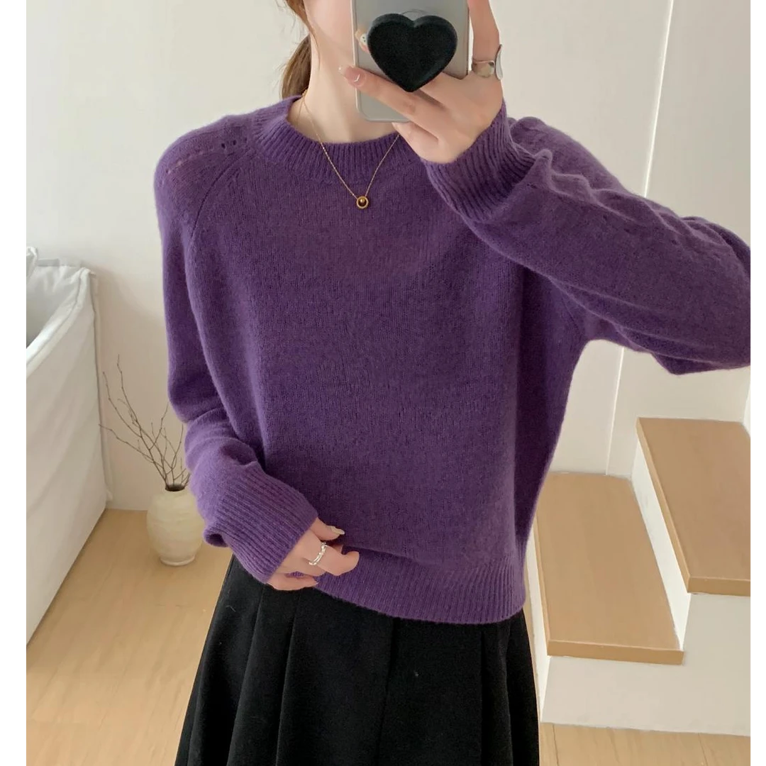 【羊绒】镂空简约气质圆领长袖针织毛衫2025年秋冬新袖子百搭纯色