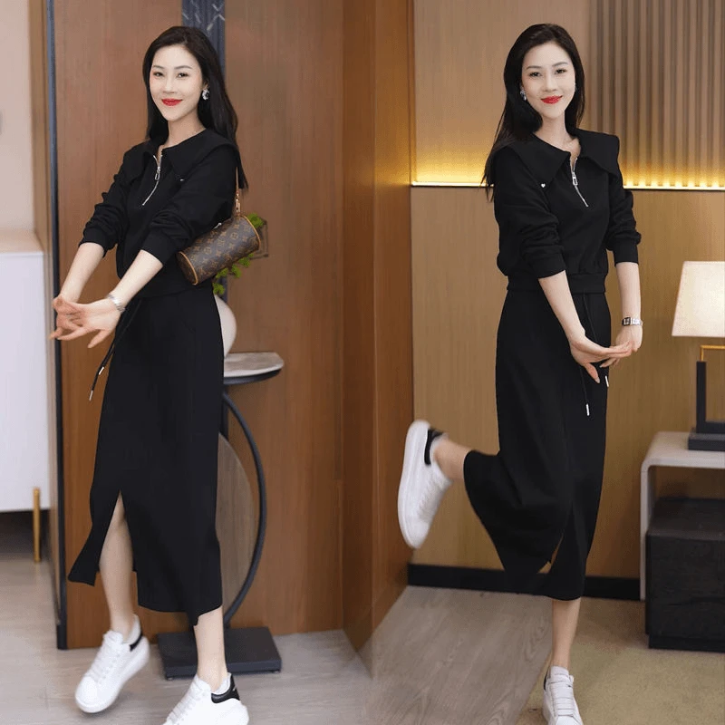 时尚减龄卫衣套装裙女2024秋季新款宽松中长款开叉半身裙两件套