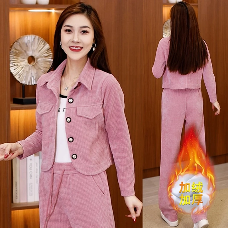 【套装现货】冬季韩版加绒显瘦气质减龄时尚小个子直筒裤女士套装