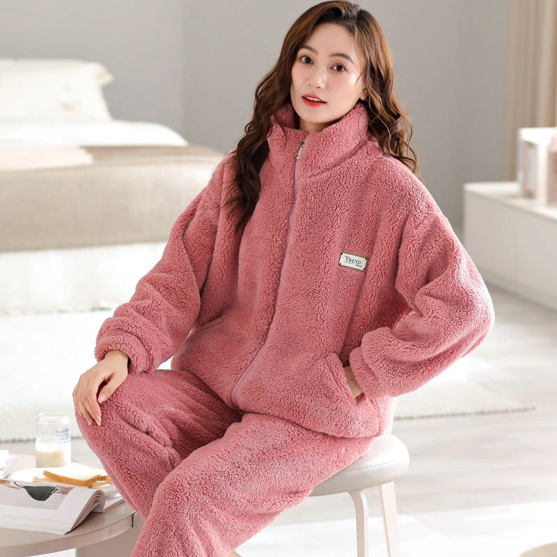 冬季睡衣女士珊瑚绒加绒加厚大码保暖法兰绒冬款可外穿家居服套装
