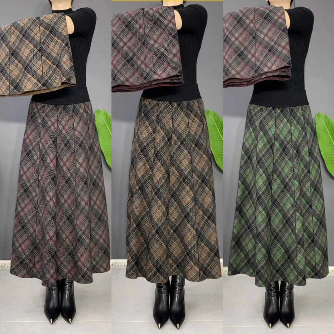 秋冬新款格子裙加厚时尚百搭大摆裙松紧腰显瘦妈妈装半身裙