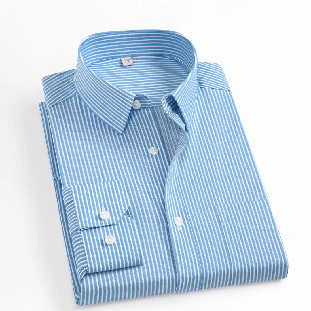 【有口袋】纯棉DP成衣免烫抗皱男士蓝色上班衬衫条纹正装衬衣长袖