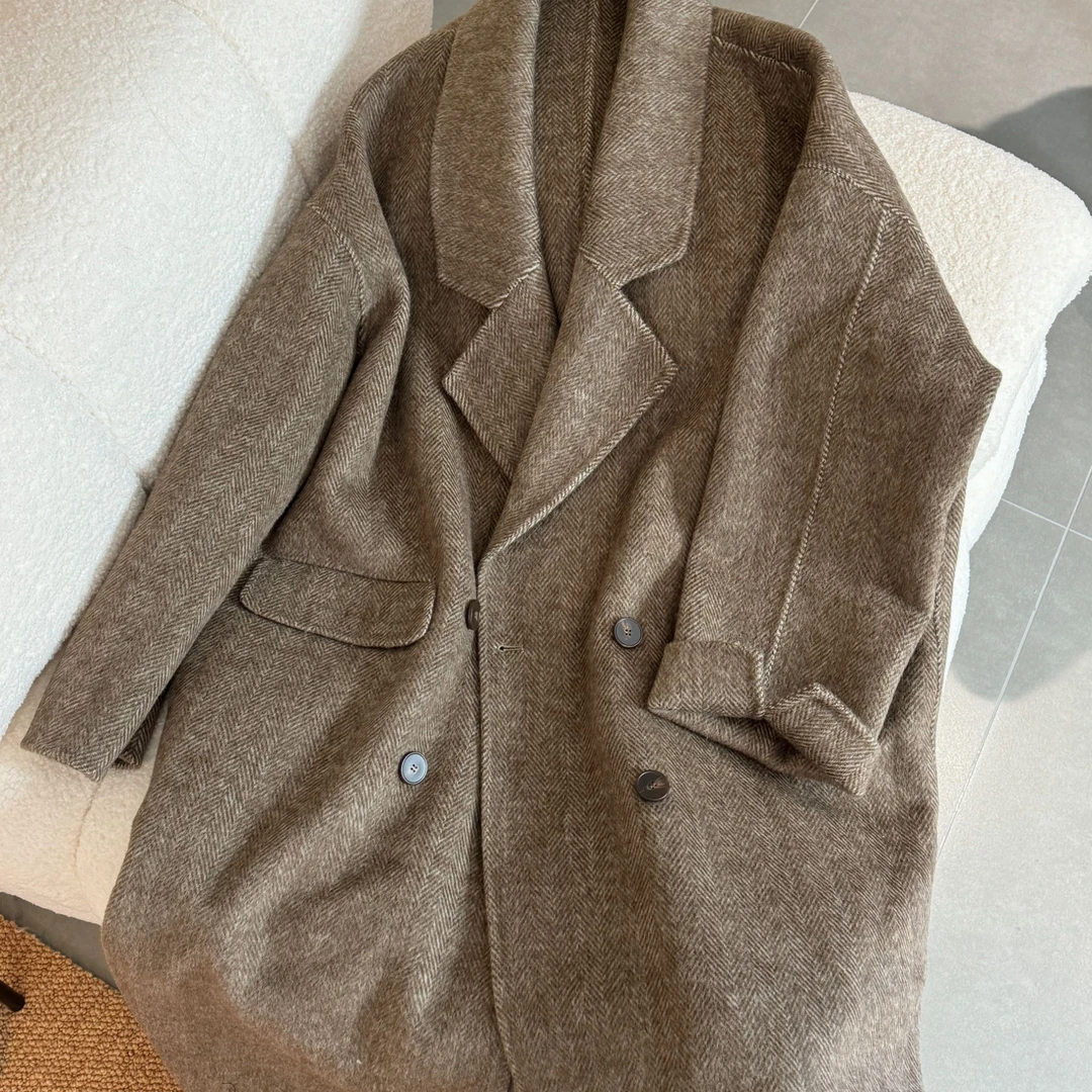 【浆果花园】100%纯羊毛双面长毛百搭简约秋冬长款毛呢外套女上衣