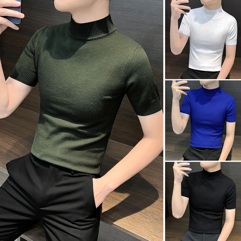 冬季半高领短袖男2023新款爆款半袖针织衫毛衣内搭男士中领打底衫
