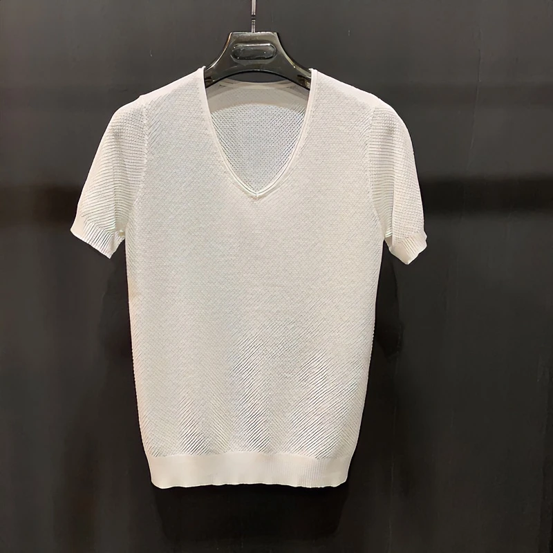 V领菠萝纹半袖针织衫纯色夏季新款男士短袖韩版修身男士网红短袖