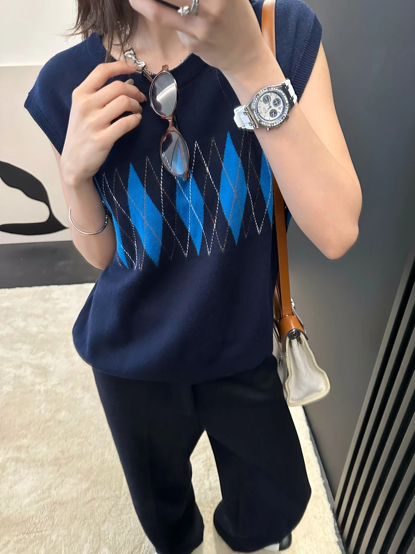 菱形撞色针织圆领背心休闲宽松百搭显瘦马甲5513