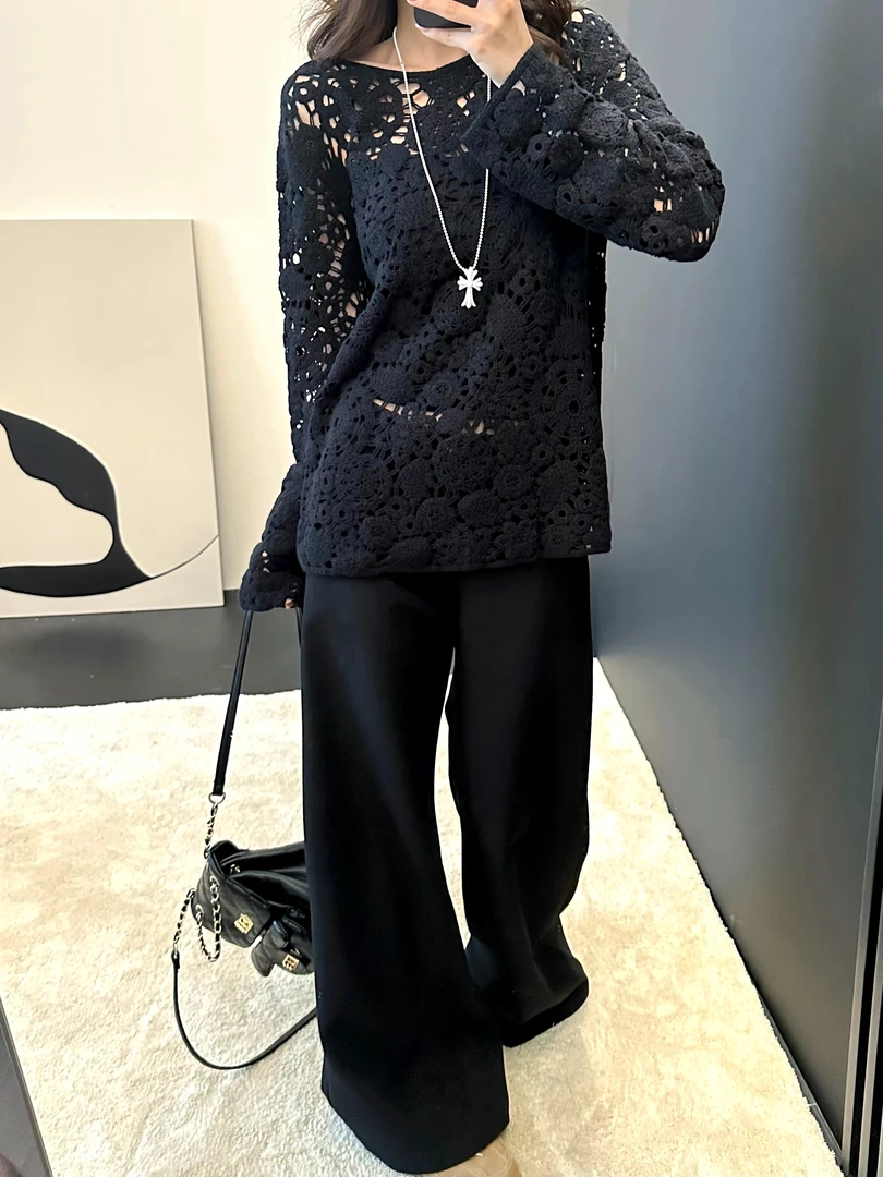 镂空花卉钩花棉针织上衣时尚百搭黑色套头5587