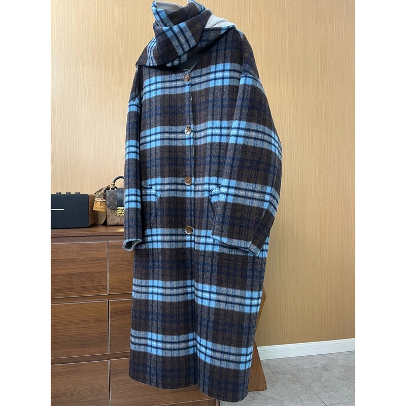 双面穿手缝格子大衣羊毛羊驼毛韩系落肩慵懒长款G10