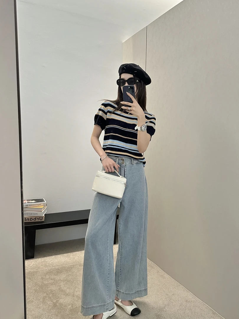 全棉镂空针织短袖蓝色系牙边圆领5617