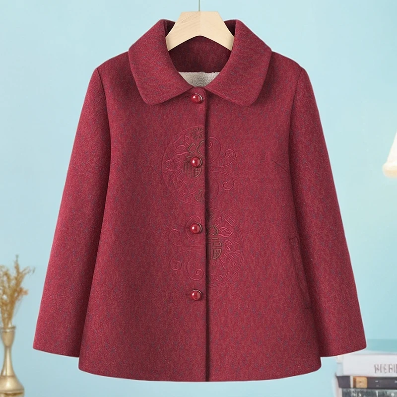 妈妈装过年服老人秋冬装毛呢外套中老年人唐装奶奶装保暖加绒加厚