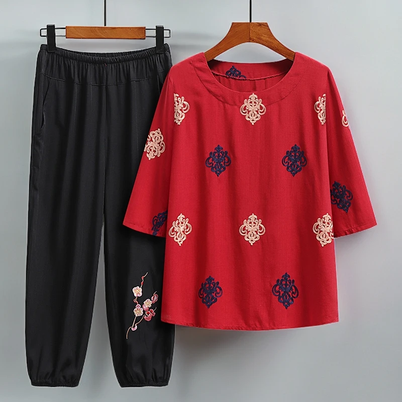 中老年人夏装妈妈装女士上衣夏季套装小衫奶奶装两件套休闲宽松