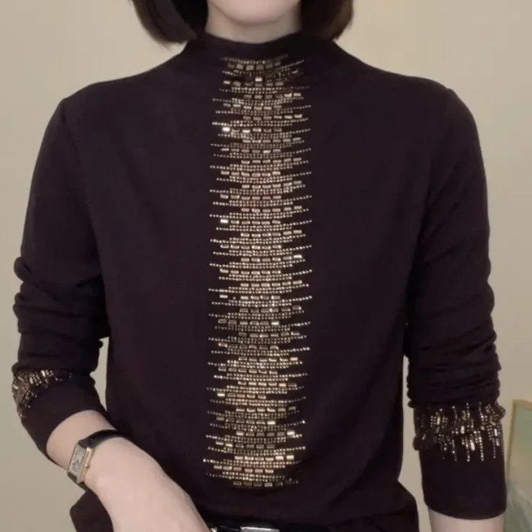 2025春季新款半高领纯色烫钻长袖T恤女士气质修身百搭打底衫上衣