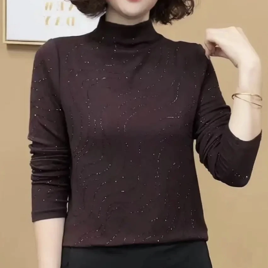 2025春秋新款烫钻时尚洋气显瘦长袖T恤小衫百搭半高领气质打底衫