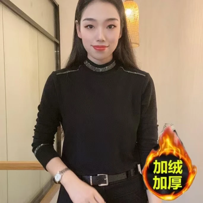 2024年秋冬新款双面绒加绒烫钻时尚洋气打底衫保暖百搭显瘦T恤女