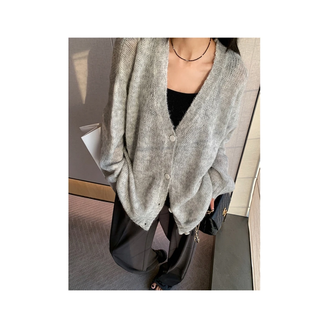 春秋季V领针织开衫女中长款宽松慵懒软糯休闲毛衣外套