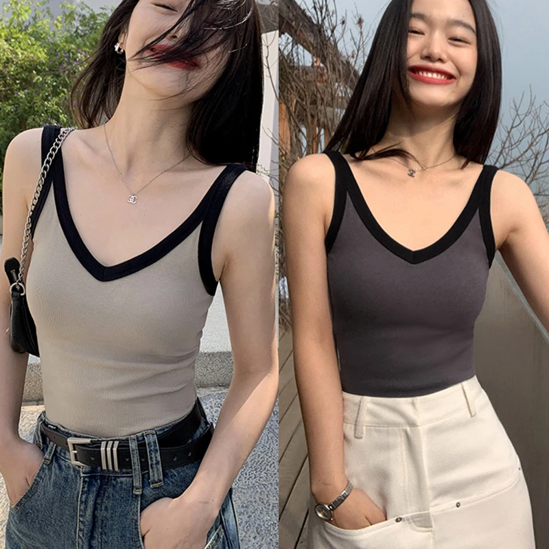秋季内搭 打底背心一体式胸垫免穿内衣螺纹吊带秋天